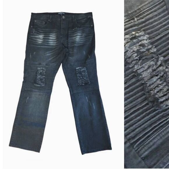 Y2K Kno Betta Black Distressed Rip Straight Leg Biker Jeans Size 36 - Picture 1 of 14
